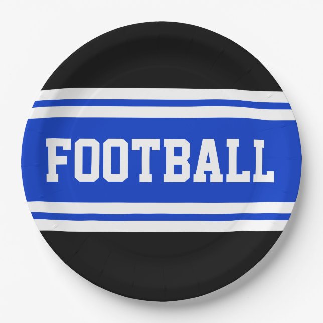 FOOTBALL Bold Bright Blue Black White Stripes Paper Plates (Front)