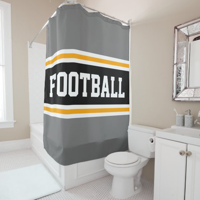 FOOTBALL Bold Gray Black Orange Racing Stripes Shower Curtain (In Situ)