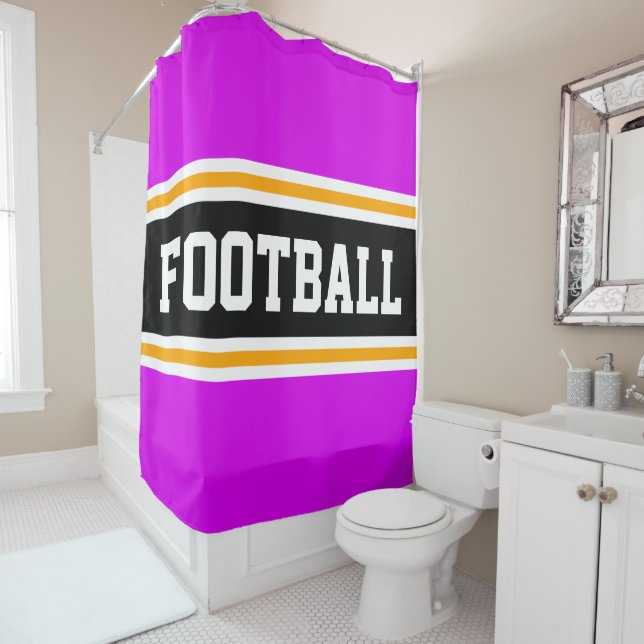 FOOTBALL Bold Pink Black Orange Racing Stripes Shower Curtain (In Situ)
