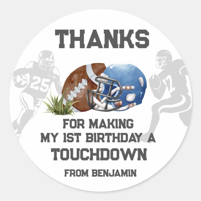 Football Boy 1st Birthday Party Favor   Classic Round Sticker (Front)