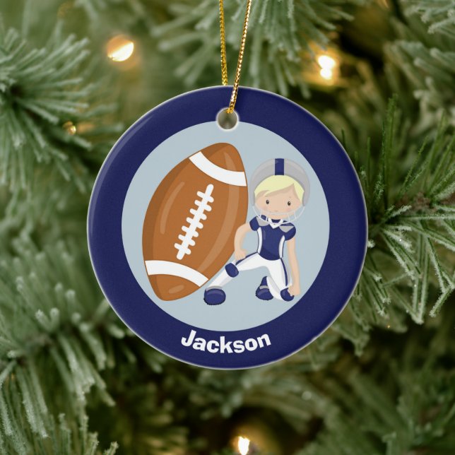 Football Boy Personalized Blonde Kids Christmas Ceramic Ornament (Tree)