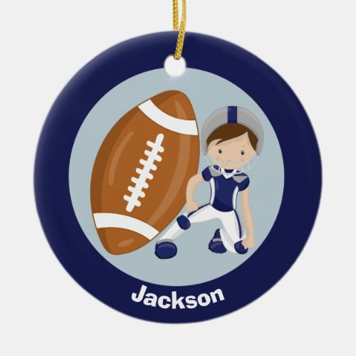 Football Boy Personalized Blue Kids Christmas Ceramic Ornament