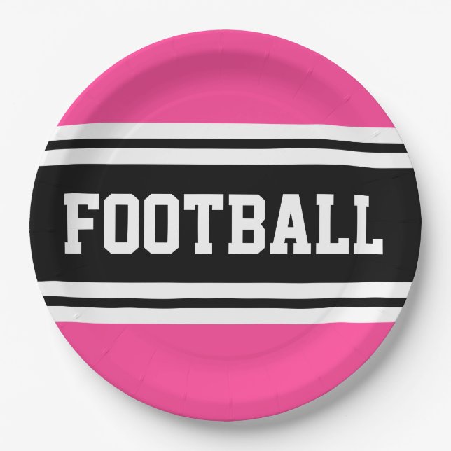 FOOTBALL Bright Pink Black White Racing Stripes Paper Plates (Front)