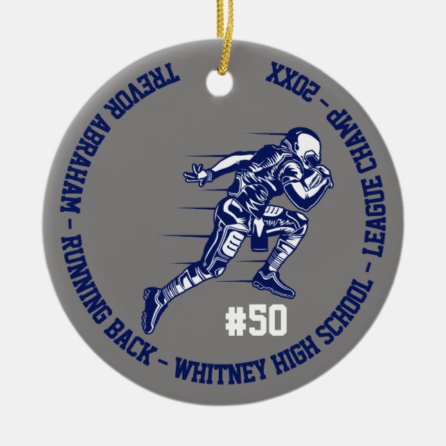 Football Champion Player School Blue Gray Ceramic Ornament (Front)