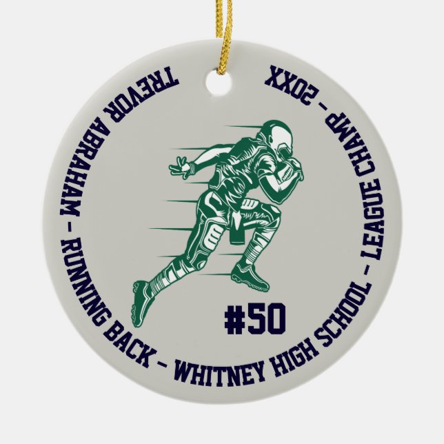 Football Champion Player School Green Blue Gray Ceramic Ornament (Front)