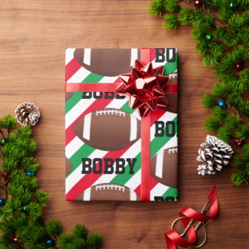 Football Christmas Add Name Stripe Red  Green Wrapping Paper