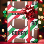 Football Christmas Add Name Stripe Red &amp; Green Wrapping Paper