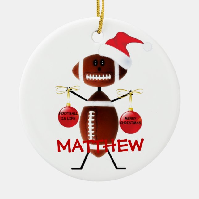 Football Christmas Cartoon Ceramic Ornament (Front)