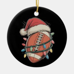 Football Christmas Santa Hat Holiday Sports Ceramic Ornament