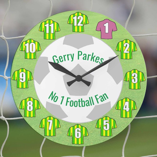 Football Clock - Green & Yellow Shirts (Green and yellow striped football shirts on a clock)