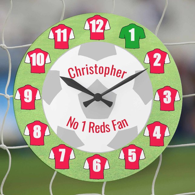Football Clock - Red & White Shirts (Red and white football shirts on a clock)