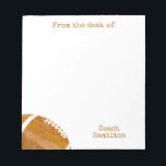 Football Coach From the Desk of Personalized Notepad<br><div class="desc">Personalized Football From The Desk of Coach Notepad. A modern and trendy watercolor brown football design in the bottom corner. Brown text at the top of this note states "From the desk of". Personalize with your favorite coach's name at the bottom. A thoughtful custom gift for your football coach.</div>