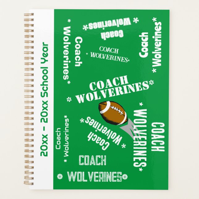 Football Coach Team Personalized Green and White Planner (Front)