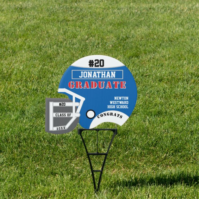 .Football Congrats Graduate Medium Blue Name Sign (Insitu)