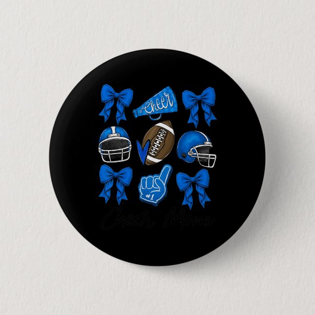 Football Coquette Bow Cheer Mom Blue  Button (Front)