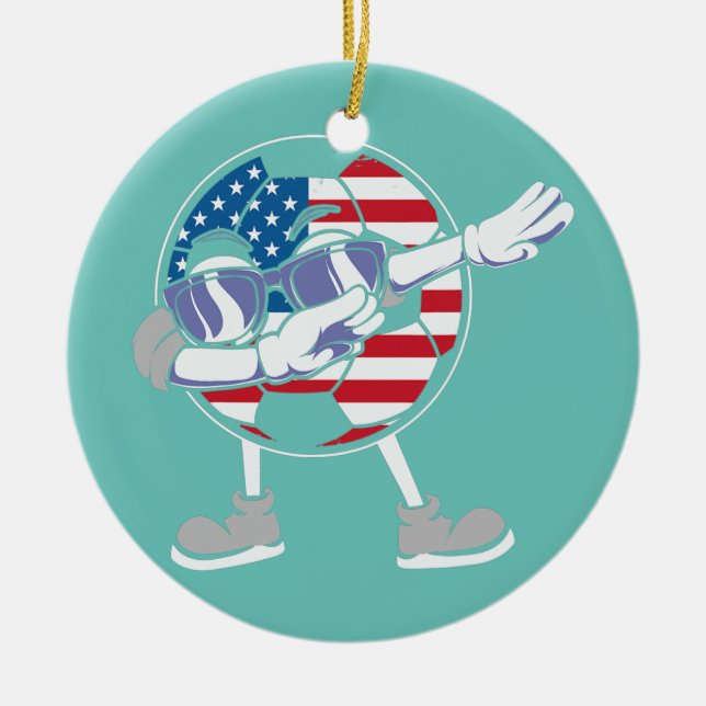 Football Dabbing USA 4th of July American Flag Ceramic Ornament (Front)