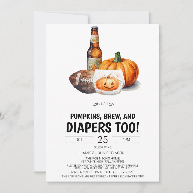 Football Diaper Shower Invitation, Pumpkin Beer Invitation (Front)