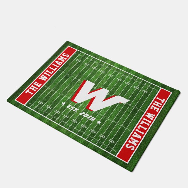 Football Fan Family Monogram | Custom Colors | Red Doormat (Angled)