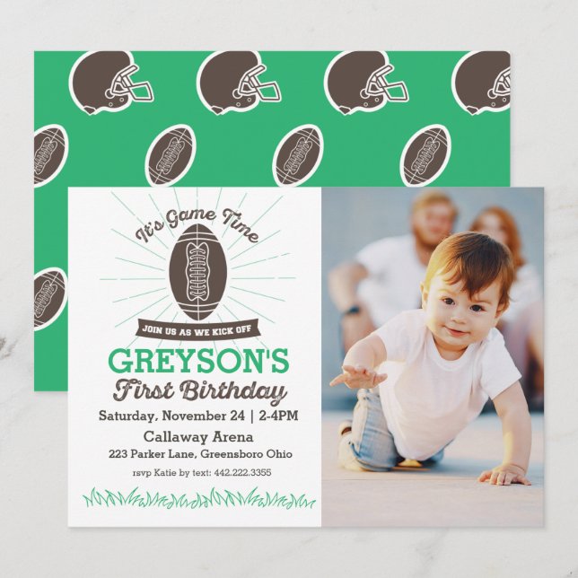 Football First Birthday Photo Invitation (Front/Back)
