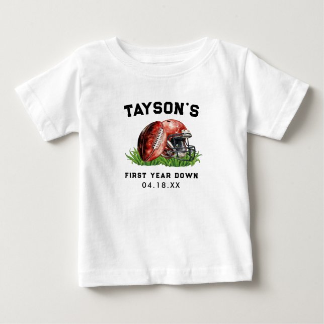 Football First Year Down 1st Birthday Baby T-Shirt (Front)