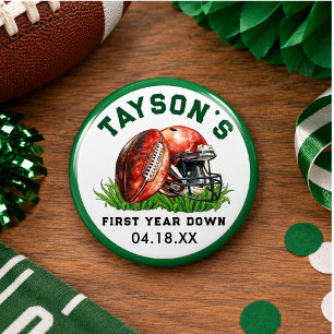 Football First Year Down 1st Birthday Button