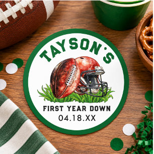 Football First Year Down 1st Birthday Classic Round Sticker