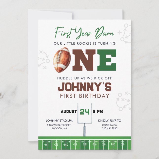 Football First Year Down 1st Birthday Invitation (Front)