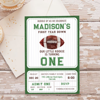 Football First Year Down 1st Birthday Party Invitation