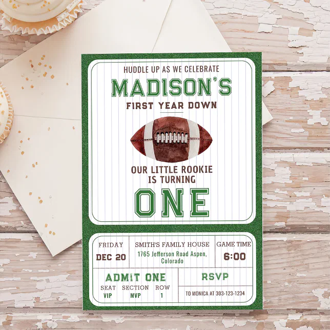 Football First Year Down 1st Birthday Party Invitation
