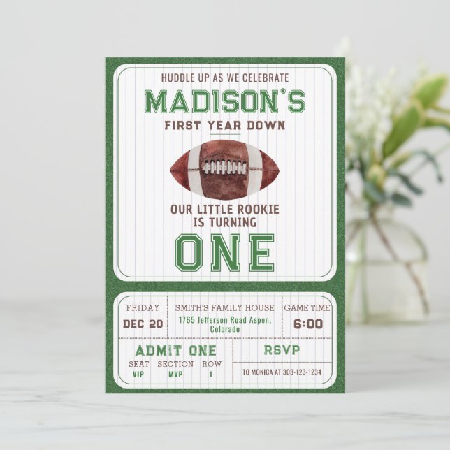 Football First Year Down 1st Birthday Party Invitation (Standing Front)