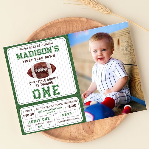 Football First Year Down 1st Birthday Party Photo Invitation