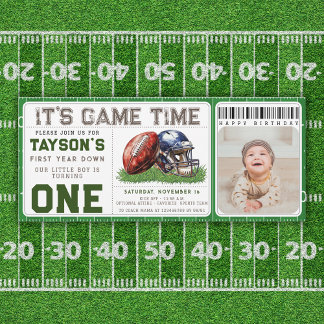 Football First Year Down 1st Birthday Photo Ticket Invitation