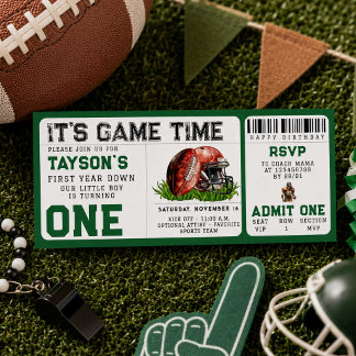 Football First Year Down 1st Birthday Ticket Invitation