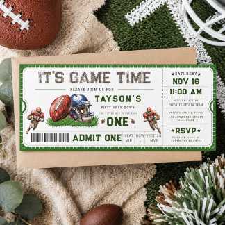Football First Year Down 1st Birthday Ticket Invitation