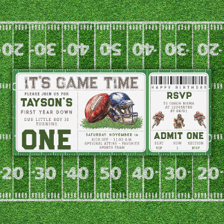 Football First Year Down 1st Birthday Ticket Invitation