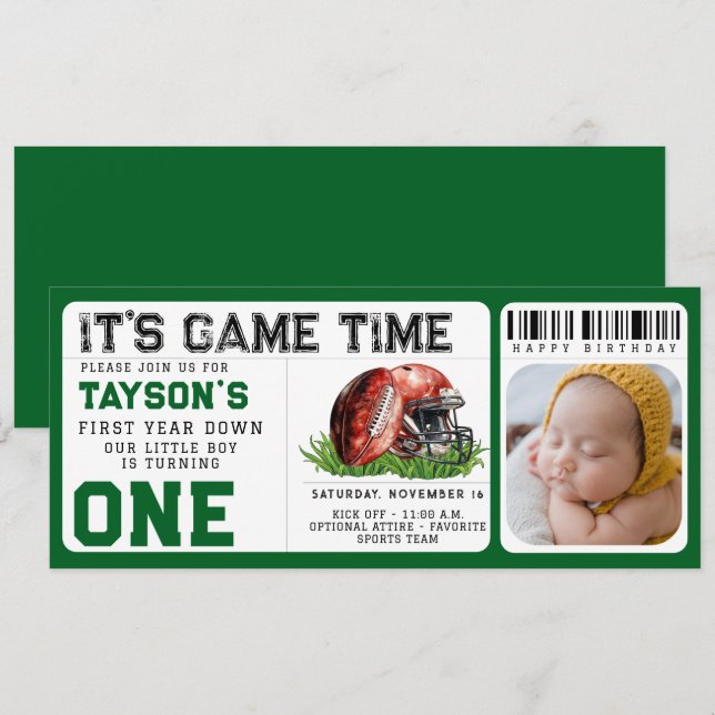 Football First Year Down 1st Birthday Ticket Photo Invitation (Front/Back)