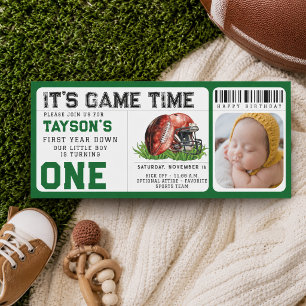 Football First Year Down 1st Birthday Ticket Photo Invitation