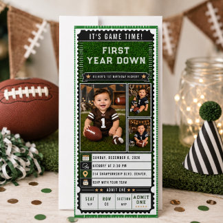 Football First Year Down 1st Birthday Ticket Photo Invitation