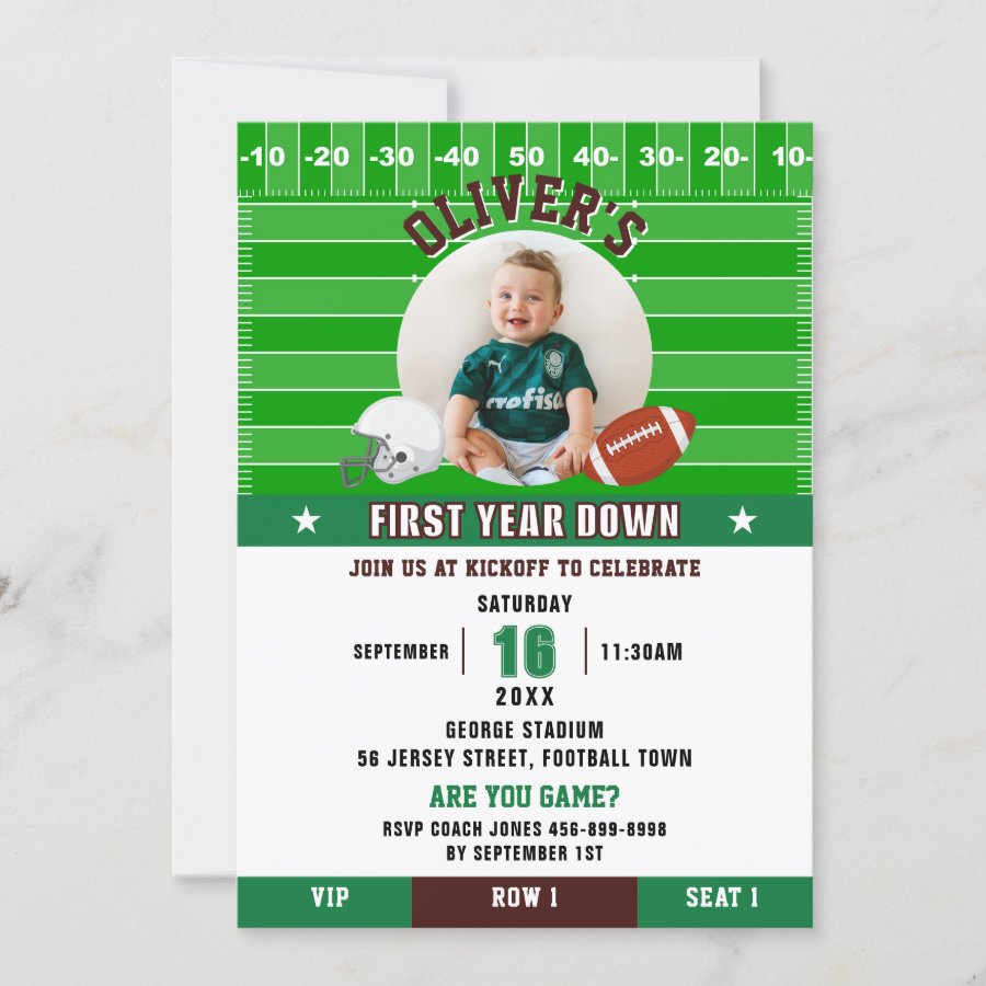 Football First Year Down 1st First Birthday Photo Invitation