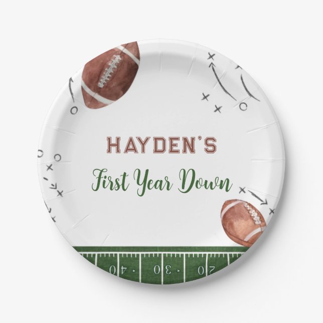 Football First Year Down Birthday Paper Plates (Front)