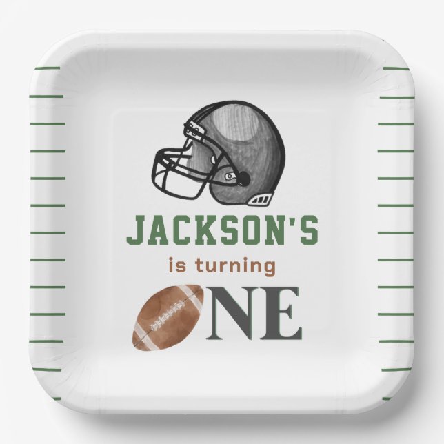 Football First Year Down Birthday Paper Plates (Front)
