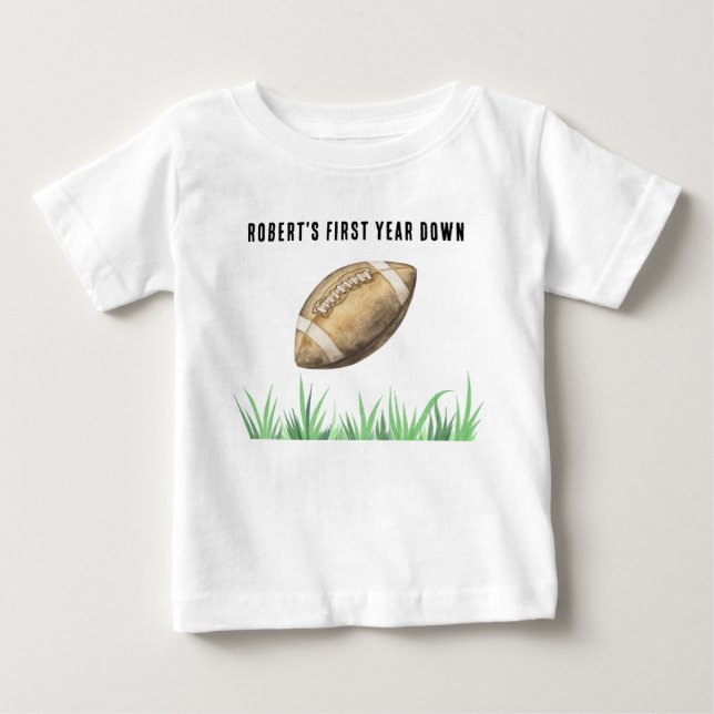 Football First Year Down Birthday Party Baby T-Shirt (Front)
