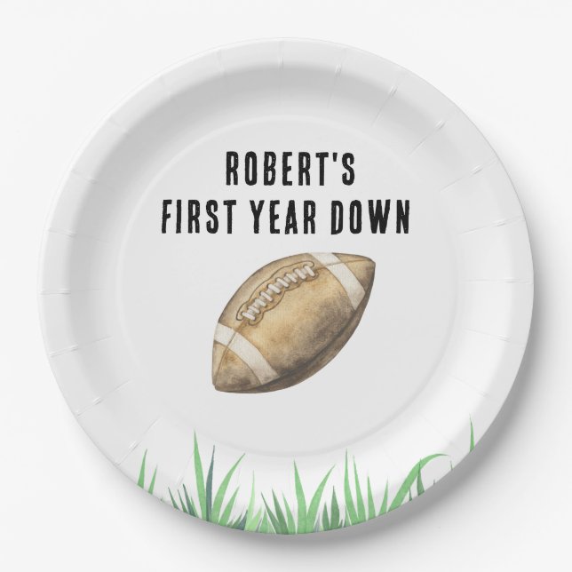 Football First Year Down Birthday Party Paper Plates (Front)