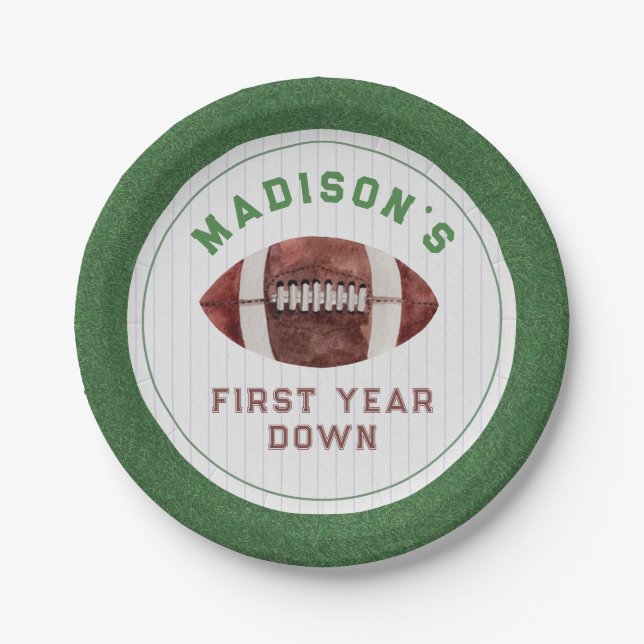 Football First Year Down Birthday Party Paper Plates (Front)