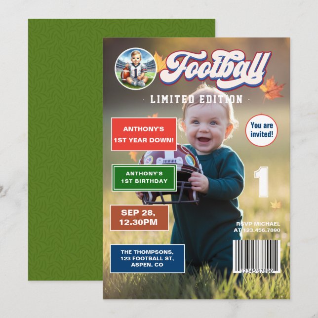 Football First Year Down Magazine Cover Birthday Invitation (Front/Back)