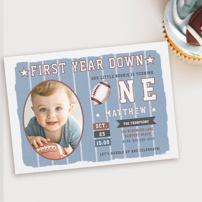 Football First Year Down Stripes Boy 1st Birthday Invitation (first year down football birthday invitation photo sports boy blue white 1st party invite cute)