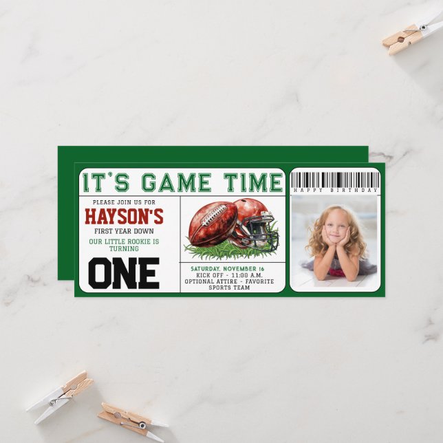  football First Year Down Ticket 1st Birthday Invitation (Front/Back In Situ)