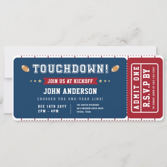 Football First Year Touchdown Birthday Ticket Invitation (Front)
