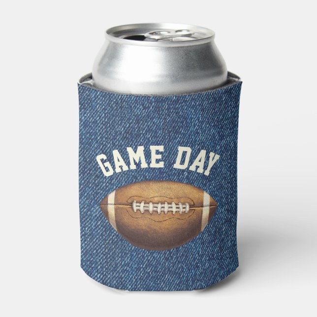 Football Game Day Blue Denim Color Can Cooler (Can Front)