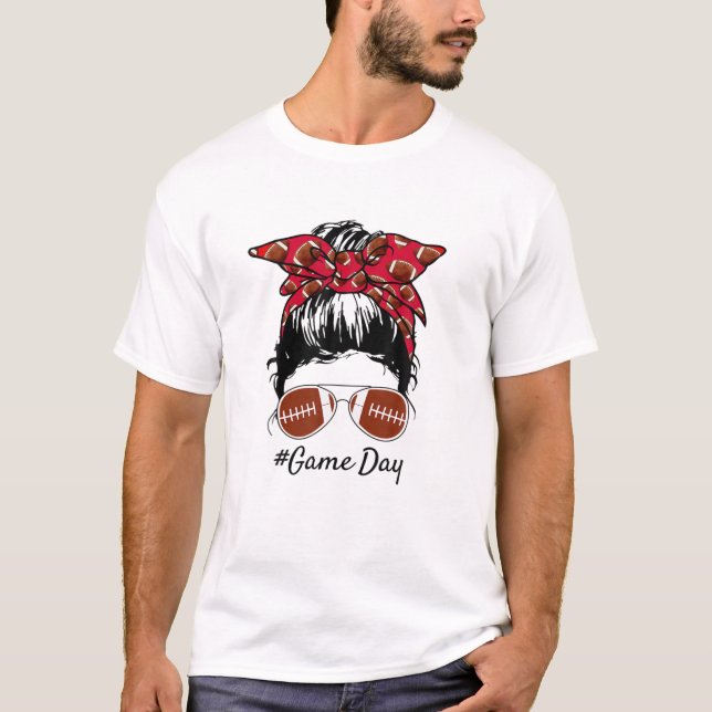 Football Game Day Messy Bun Funny Women's Football T-Shirt (Front)